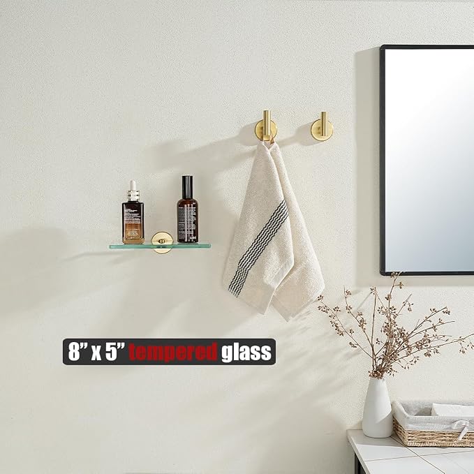 JQK Bathroom Glass Shelf Gold, Tempered Glass Shower Storage 8 by 5 inches - Image 2