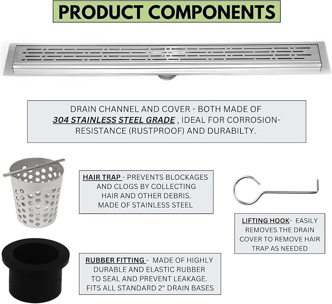 SereneDrains 304 Stainless Steel 30 Inch Linear Polished Chrome Shower Drain - Image 3
