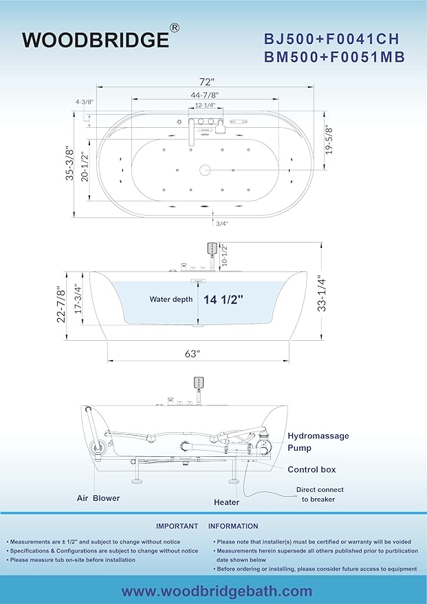 WOODBRIDGE 72" x 35-3/8" Whirlpool and Air Bath Heated Soaking Combination Tub - Image 6