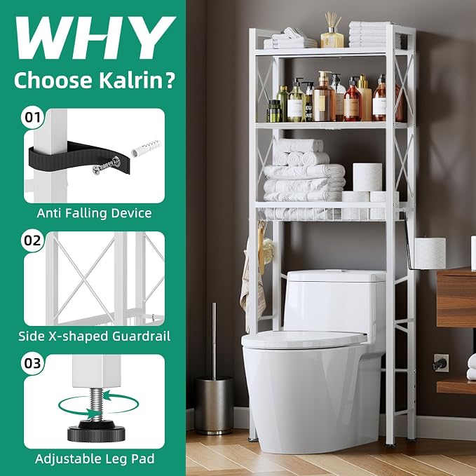 Over The Toilet Storage with X Shape Side Guardrail, 3-Tier Over Toilet Storage - Image 4