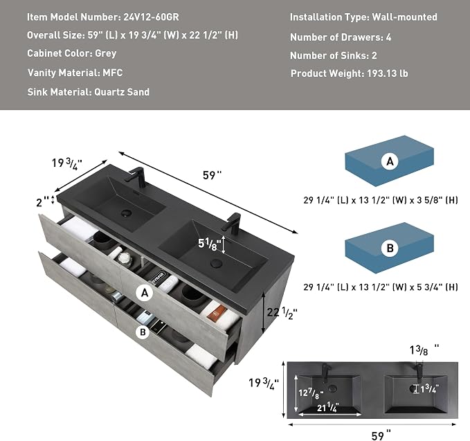 Floating Vanity Bathroom, 60 Inch Bathroom Vanity - Image 2