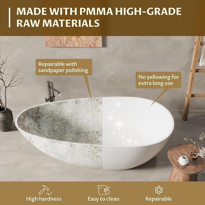 67" Resin Stone Freestanding Bathtub, Soaking Tub, Ergonomic Design, Easy - Image 5