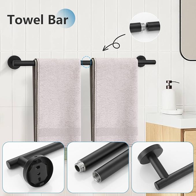 TNOMS 5 Pieces Towel Bar Set Matte Black Bathroom Hardware Accessories Set - Image 2