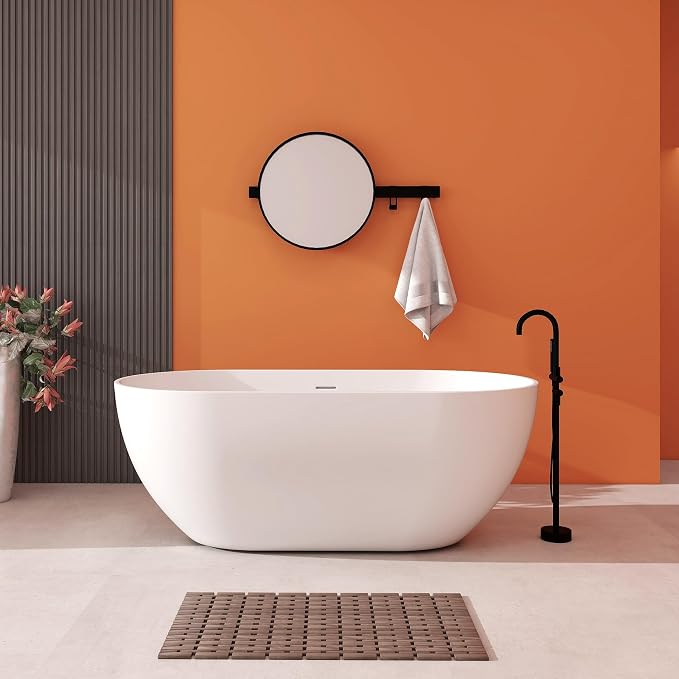 Premium 59" Solid Surface Freestanding Bathtub, Upgraded Oval Stone Resin Tub - Image 9