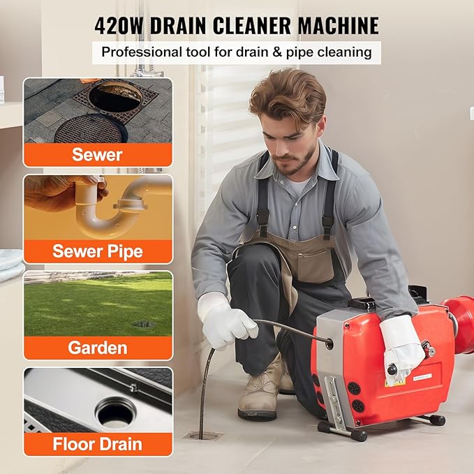 VEVOR 120FT x 7/8 Inch Drain Cleaner Machine, 420W Electric Sewer Snake Auger - Image 2