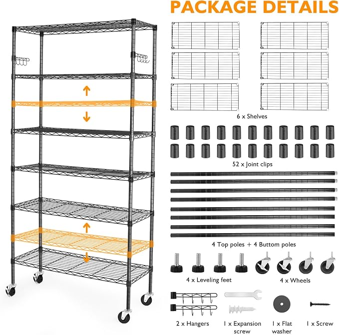 6 Tier Storage Shelves with Wheels, 2100lbs Capacity Heavy Duty Shelving Units - Image 7