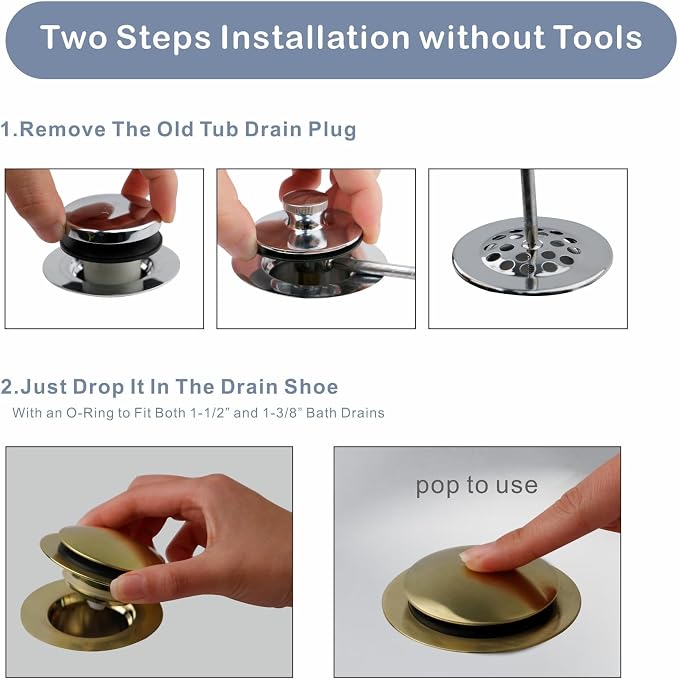 Gold Brushed Tub Drain Stopper, Universal Pop Up Bath Drain Plug Bathtub Drain - Image 6