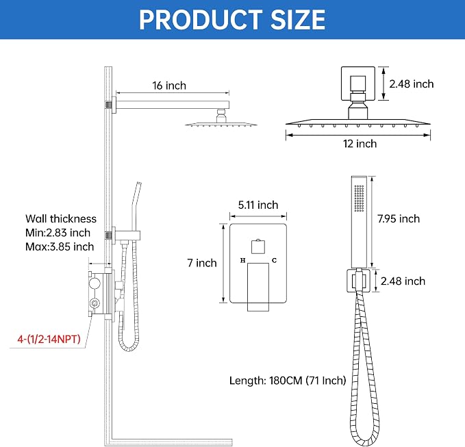 12 Inch Luxury Rain Shower Faucet Set, Brushed Gold Shower System - Image 7