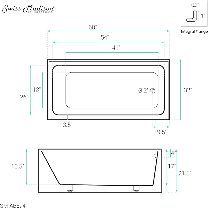 Voltaire 60" X 32" Right-Hand Drain Alcove Bathtub - Image 8