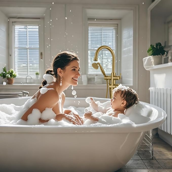 Freestanding Bathtub Faucet, Floor Mount Tub Faucet Brushed Gold High Flow Tub - Image 6