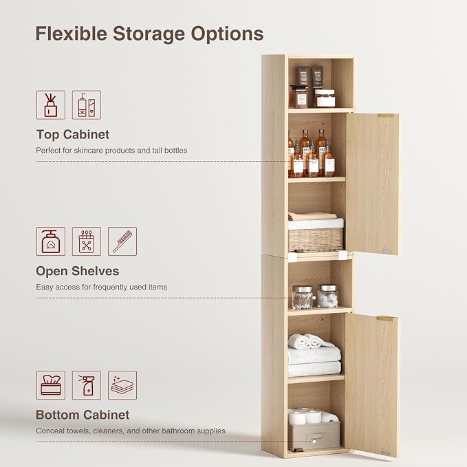 59.1" Tall Slim Bathroom Storage Cabinet Oak | Freestanding or Wall Mounted - Image 7
