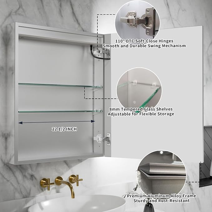 LED Medicine Cabinet Mirror for Bathroom, 24x30 Medicine Cabinet - Image 4