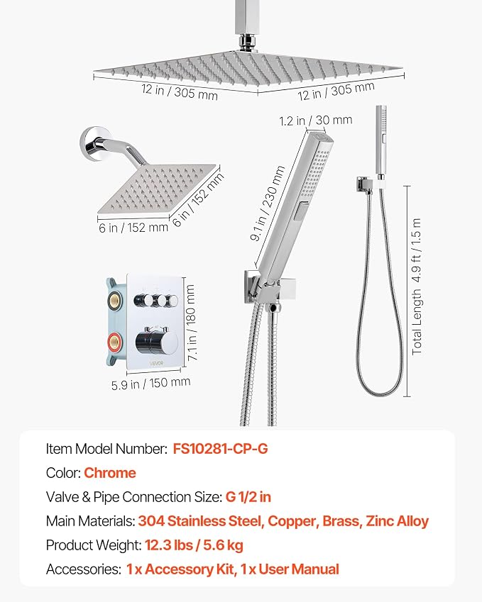 VEVOR Shower Faucet Set, 12 Inch Thermostatic Ceiling Mount Rainfall Shower - Image 7