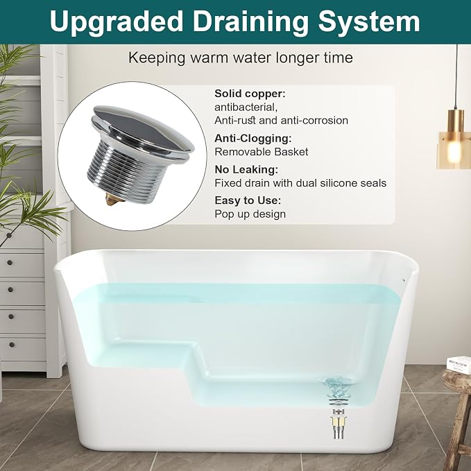 49" Acrylic Freestanding Soaking Tub w/Seat- Contemporary Design - 55 Gal - Image 6