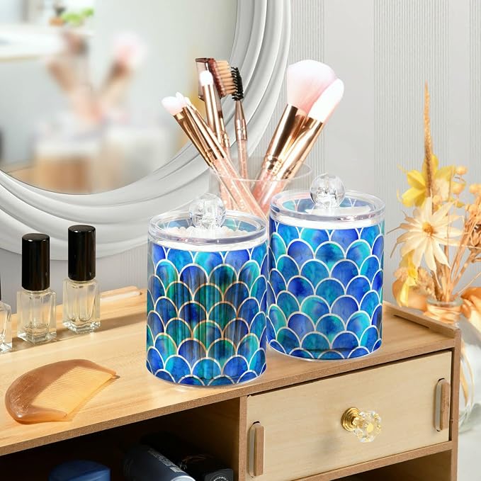 MNSRUU 2 Pack Qtip Holder Organizer Dispenser Blue Scales Of Mermaid Bathroom - Image 6