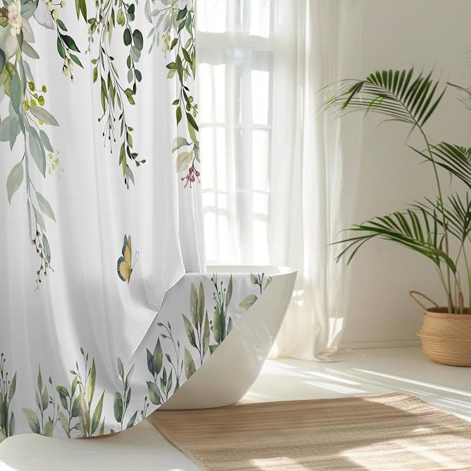 No Hook Shower Curtain and Liner Set, Sage Green Eucalyptus Floral Shower - Image 2