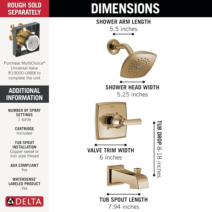 Delta Ashlyn 14 Series Bathtub and Shower Faucet Set, Brushed Gold Shower Head - Image 3
