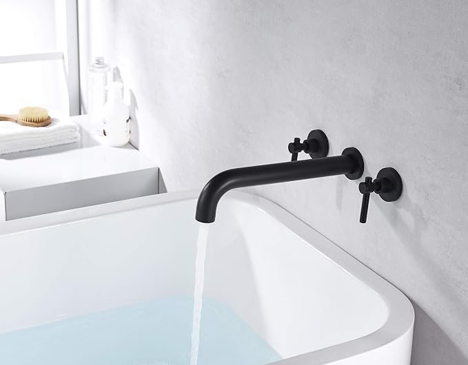 Wall Mount Tub Filler Matte Black Tub Faucet High Flow Two Handles Solid Brass - Image 4