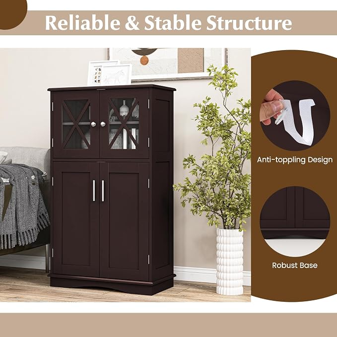 Tangkula Freestanding Floor Cabinet w/2 Glass Doors, 3-Level Adjustable Shelves - Image 6