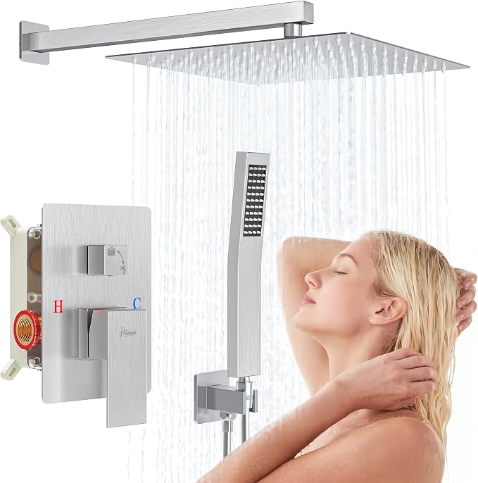 12 Inch Luxury Rain Shower Faucet Set, Brushed Nickel Shower System by FocusonKitchenBathroom