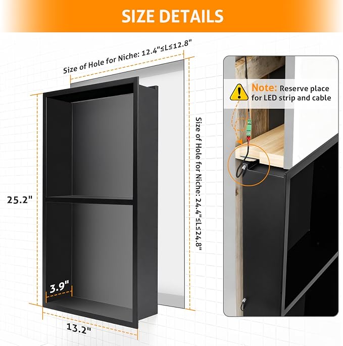 WICHEMI Stainless Steel Shower Niche 12" X 24", No Tile Needed Wall Niche - Image 2