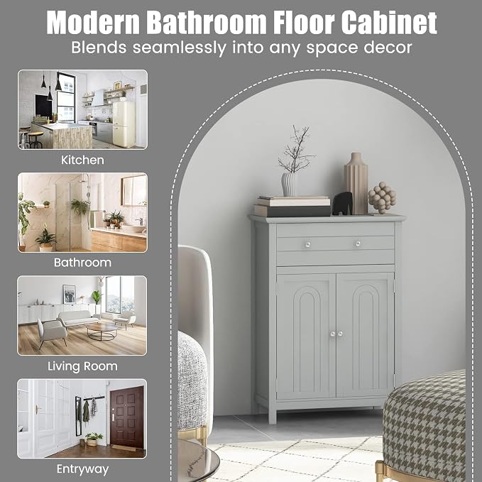 COSTWAY Bathroom Floor Cabinet, Wooden Side Storage Organizer w/Larger Drawer - Image 5