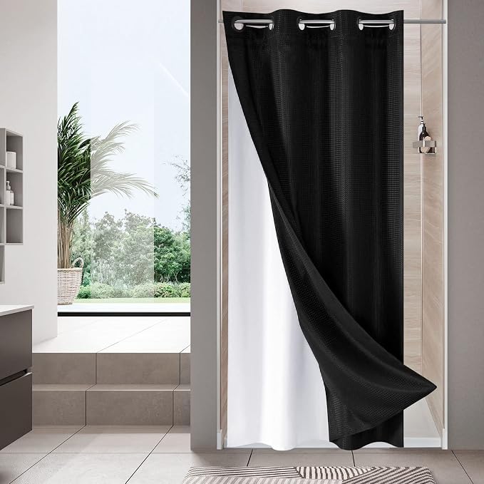MitoVilla Black Waffle Small Stall Shower Curtain Liner Set 36 x 74, No Hooks by MitoVilla