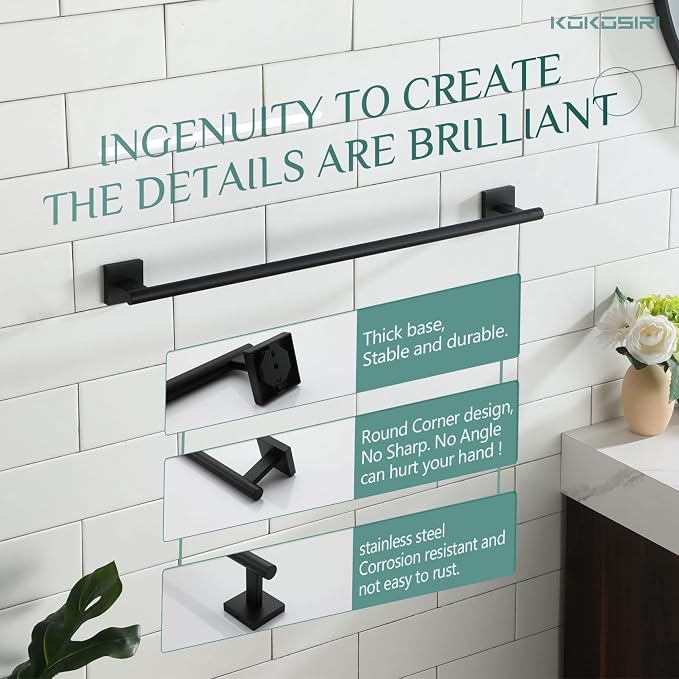 KOKOSIRI Towel Rails Bathroom Towel Bars Matte Black 24 Inch Bath Towel Holder - Image 4