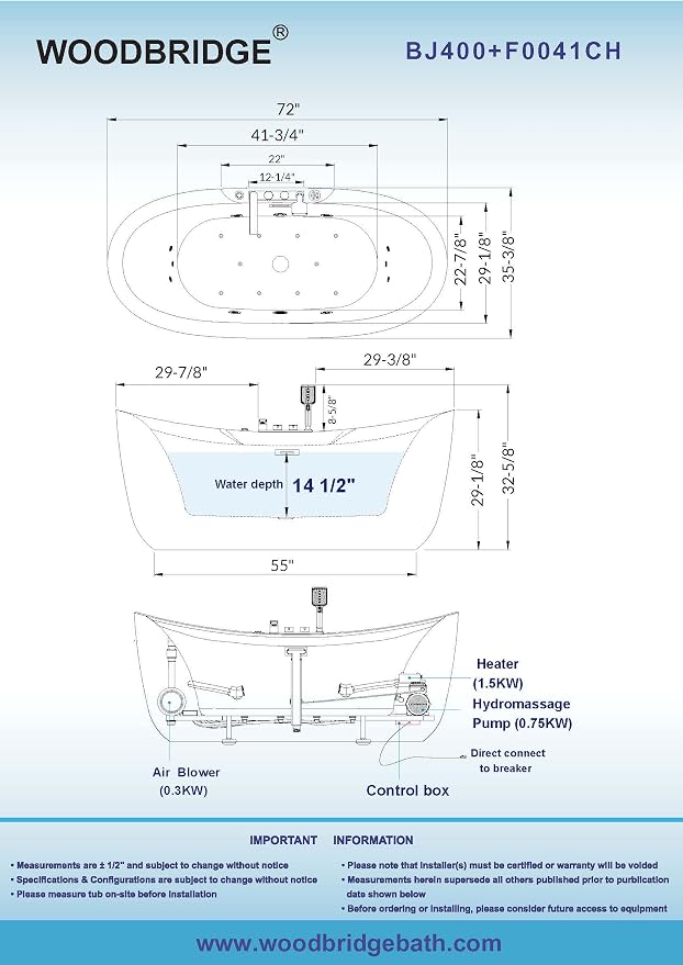 WOODBRIDGE 72" x 35-3/8" Whirlpool Water Jetted and Air Bubble Freestanding - Image 7