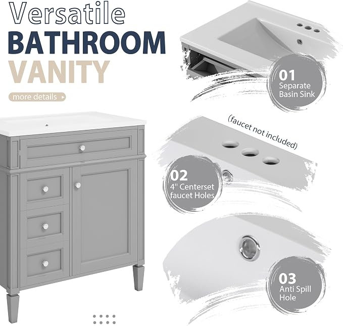30" Bathroom Vanity with Matching Medicine Cabinet, Modern Sink Storage Cabinet - Image 6