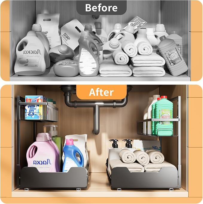 Under Sink Organizer, 2-Tier L-Shaped Pull Out Cabinet Shelf - Image 7