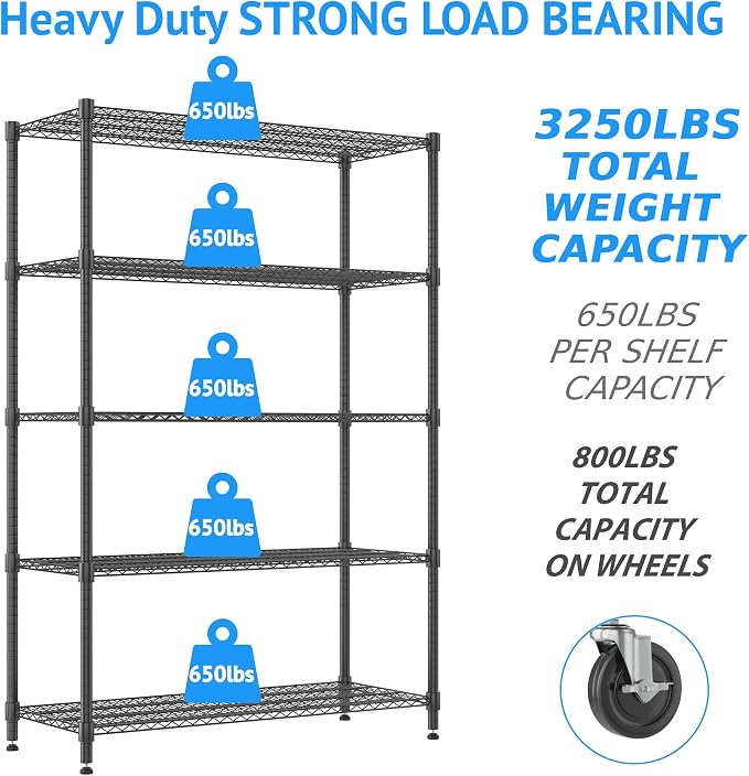 Homdox Heavy Duty Storage Shelves, 5 Tier Wire Shelving Unit - Image 4