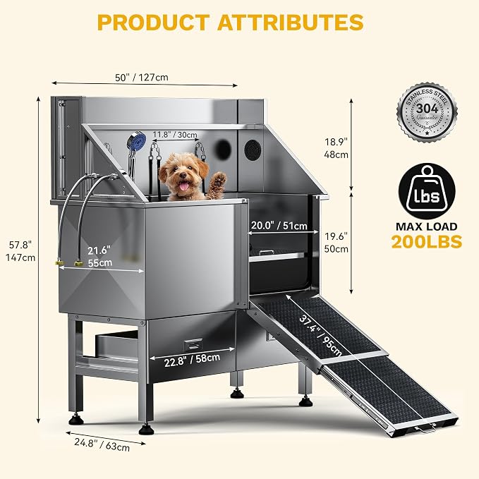 DWVO Professional 50in Dog Bathing Station, Stainless Steel 304 Pet Grooming - Image 2