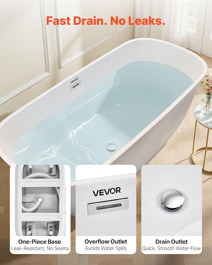 VEVOR Acrylic Freestanding Bathtub, 67 Inch Contemporary Soaking White Tub - Image 4