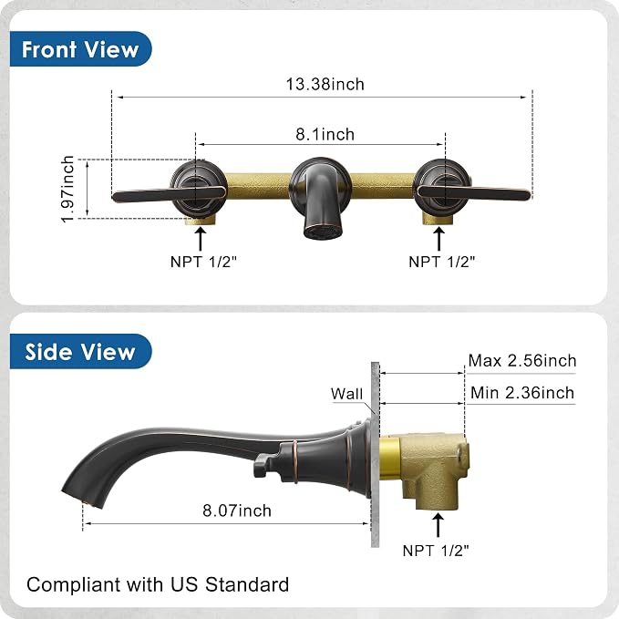 Oil Rubbed Bronze Wall Mount Tub Filler, High Flow Bath Tub Faucet 2 Handles - Image 6