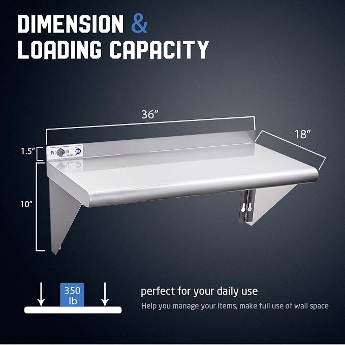 Profeeshaw NSF Stainless Steel Shelf 18” x 36”, 350 lb Commercial Shelves Wall - Image 3