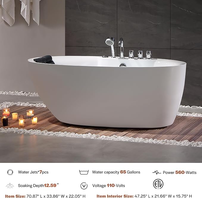 Empava 71 inch Acrylic Freestanding Tub Hydromassage Gracefully Oval Shaped - Image 5