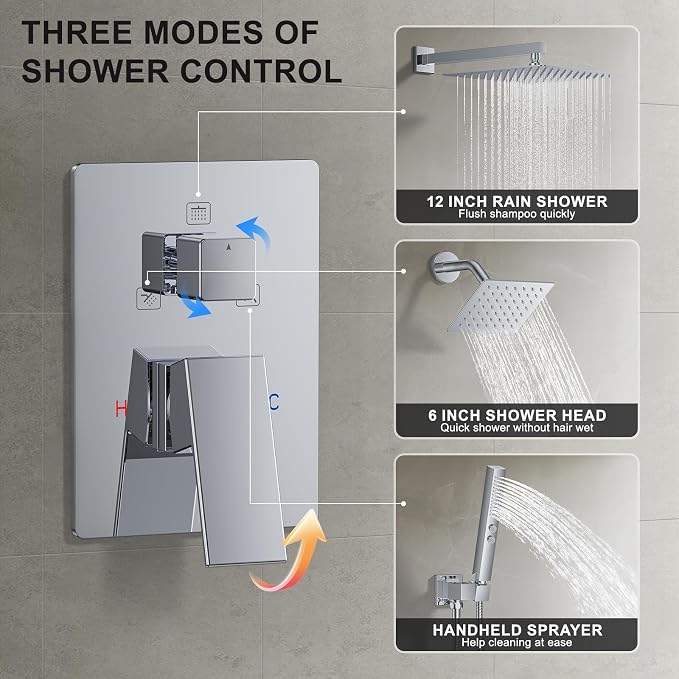 Shower Faucet Set, Wall Mount Shower System 12 and 6 Inch Dual Shower Head Set - Image 6
