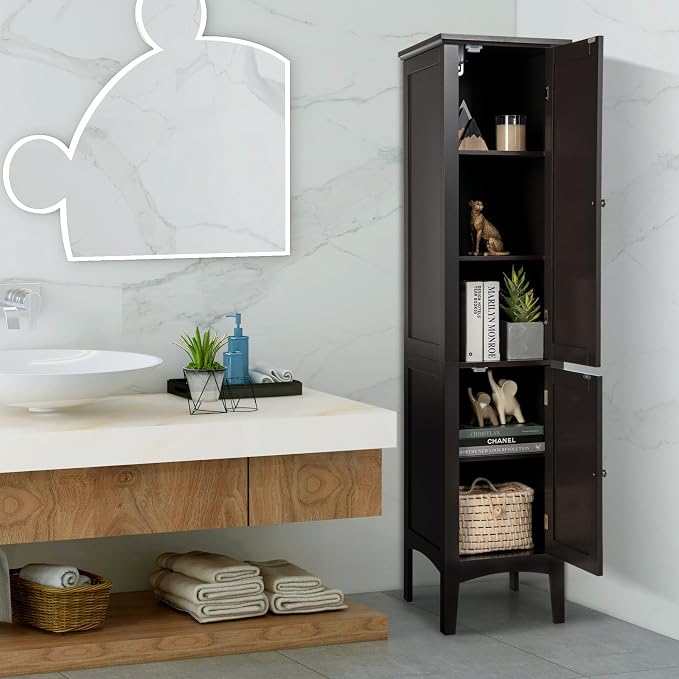 COSTWAY Tall Bathroom Storage Cabinet, 5-Tier Freestanding Linen Tower Cabinet - Image 2