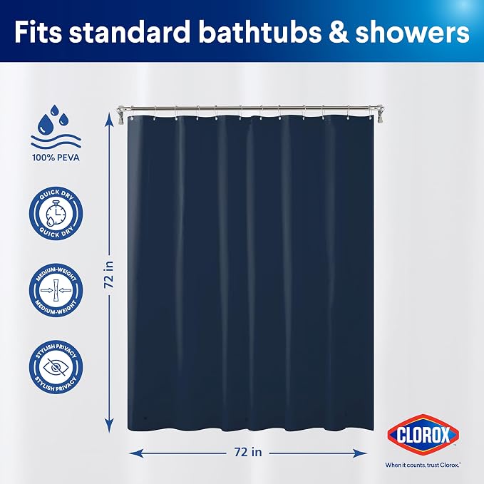 CLOROX Shower Curtain Liner, Premium Colored Medium-Weight Durable Waterproof - Image 2