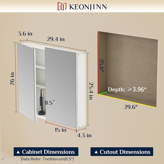 Keonjinn 30 x 26 Inch Bathroom Medicine Cabinet - Image 2