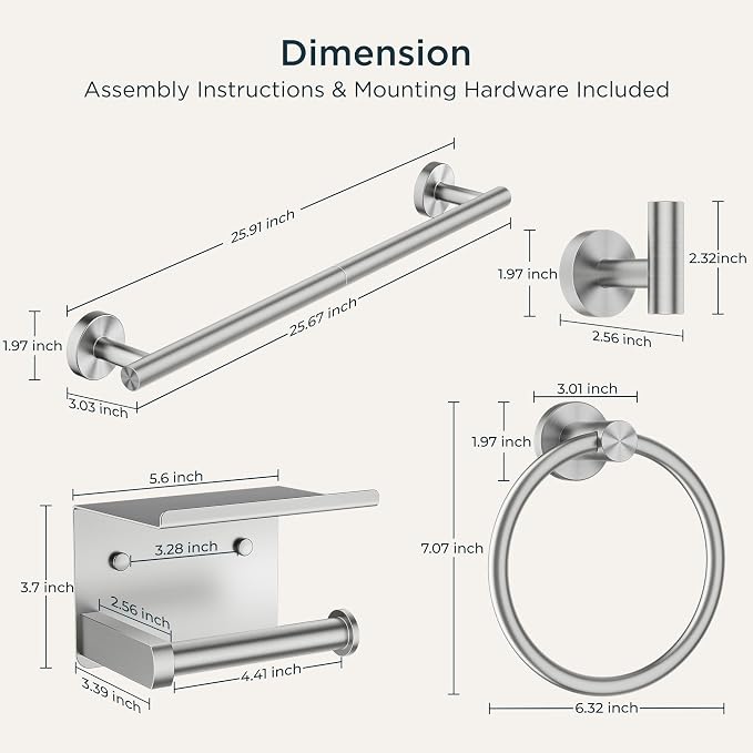 FORIOUS Bathroom Hardware Accessories Set, SUS304 Stainless Steel Towel Bar Set - Image 7