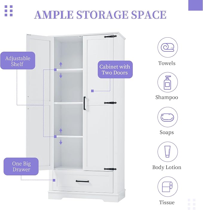 Tall Storage Cabinet with 2 Doors, 1 Drawer and Adjustable Shelf, Wood Floor - Image 5