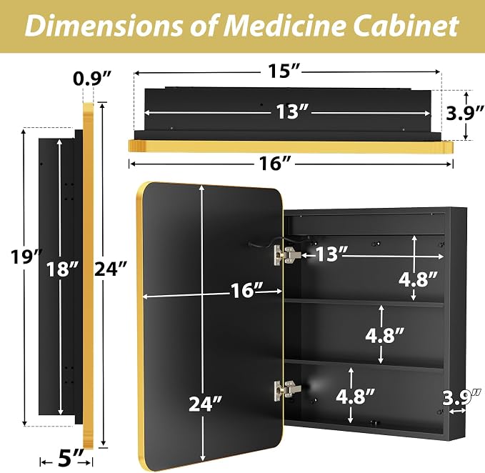 APRILSOUL 16X24 Inch Gold Bathroom Medicine Cabinet - Image 4