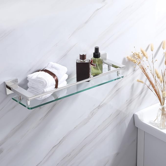 LANC Chrome Bathroom Shelf Glass Shelves 20-Inch Floating Tempered Glass Shelf - Image 2
