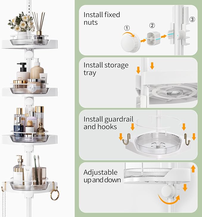 Shower Caddy Tension Pole with 4 L-Lazy Susan Organizer 360 Rotating 35-128 - Image 7