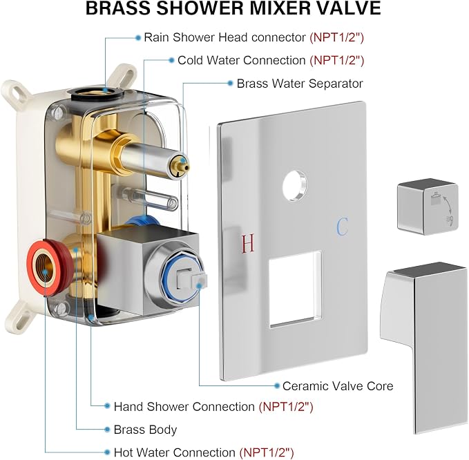 Shower Faucet Set Bathroom Square Rain Shower Head and Handle Set, Wall Mounted - Image 7
