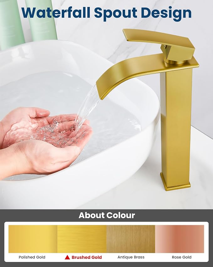 Airuida Brushed Gold Tall Waterfall Bathroom Vessel Sink Faucet Modern Bathroom - Image 2