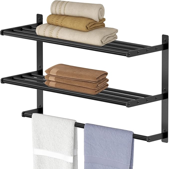 Hotel Towel Rack with 3-Tier Shelf, 24 Inch Wall Mounted Bathroom Bar, Matte by Bethom