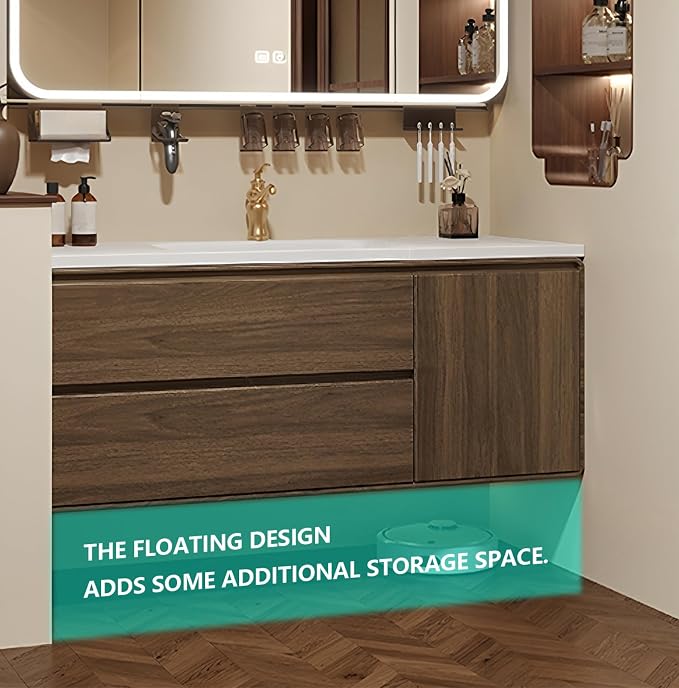 Floating Bathroom Vanity, Solid Wood Bathroom Cabinet, Faucet and Drain Pipes - Image 4